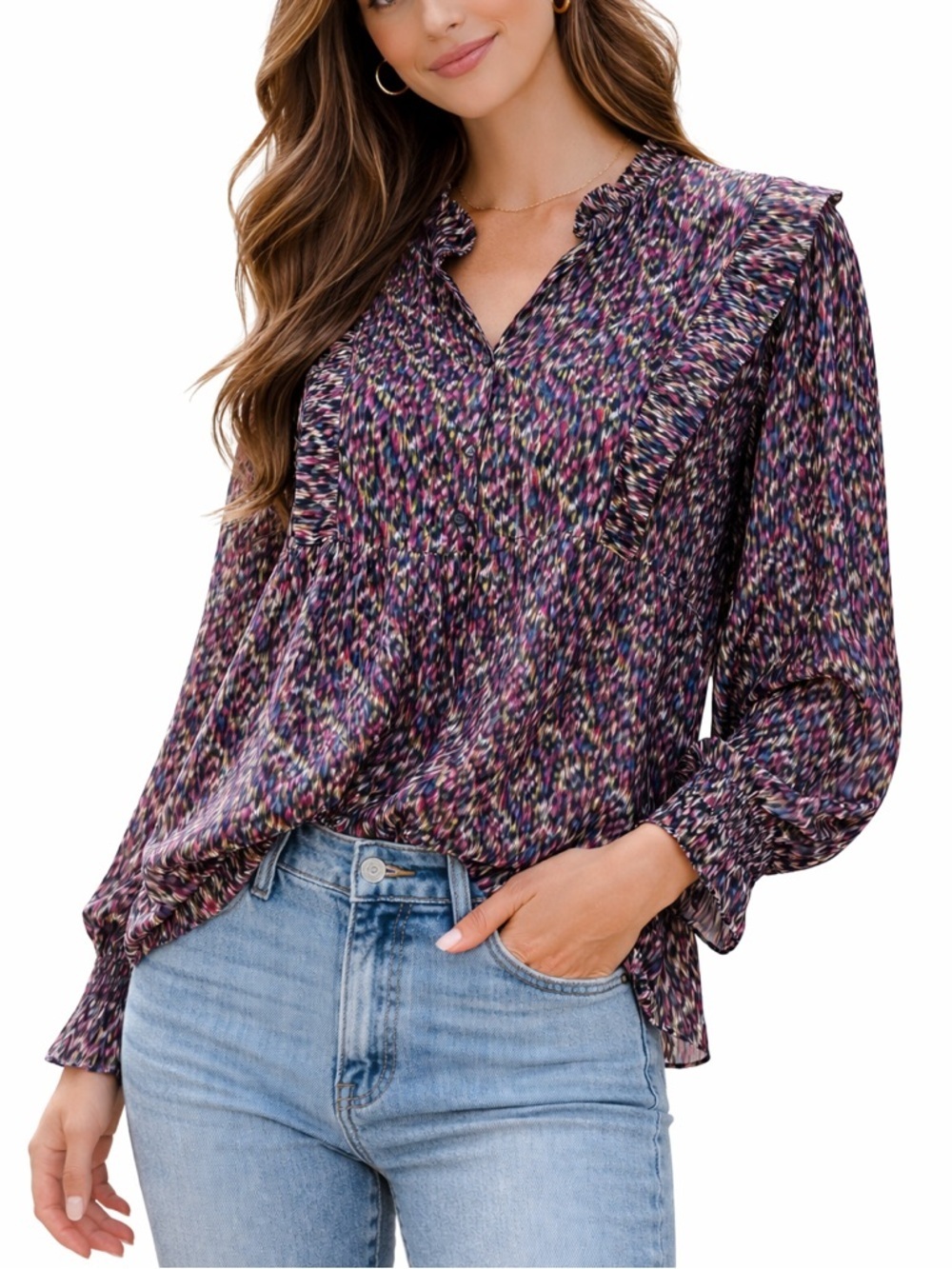 ba&sh Printed Ruffle Blouse Multicolor Boho Top Long Sleeve Peasant Top Size M